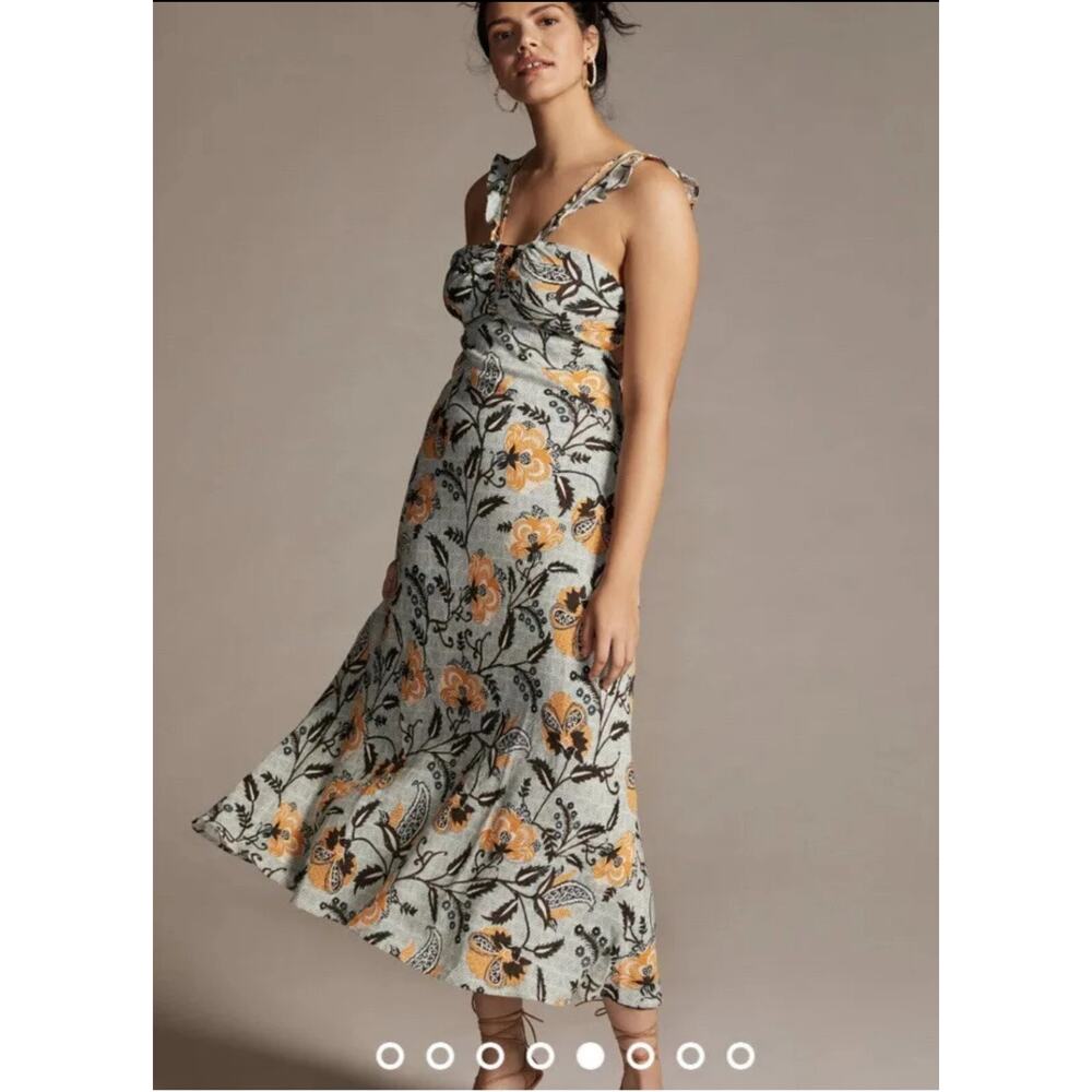Antropologie Linen Blend Floral Halter Dress, Size 14